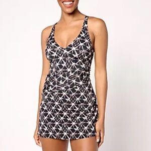 DENIM & CO BEACH REG DIAGONAL RUCHED WAIST SWIM DRESS BLACK SHIBORI